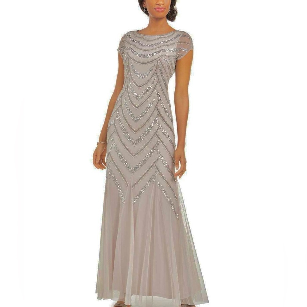 NWT Adrianna Papell Beaded Sequin Gown in Marble Taupe Size 4